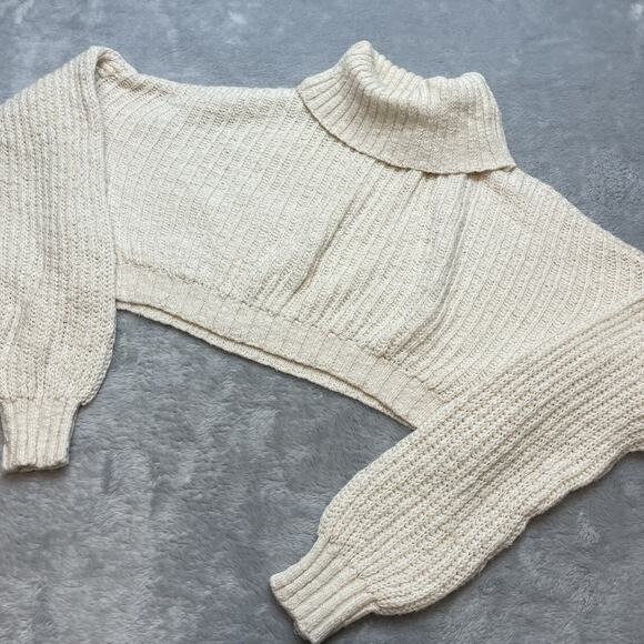 Debut Crop Sweater Womens S/M Ivory Chunky Ribbed Knit Slouchy Boho Turtleneck - Picture 1 of 6